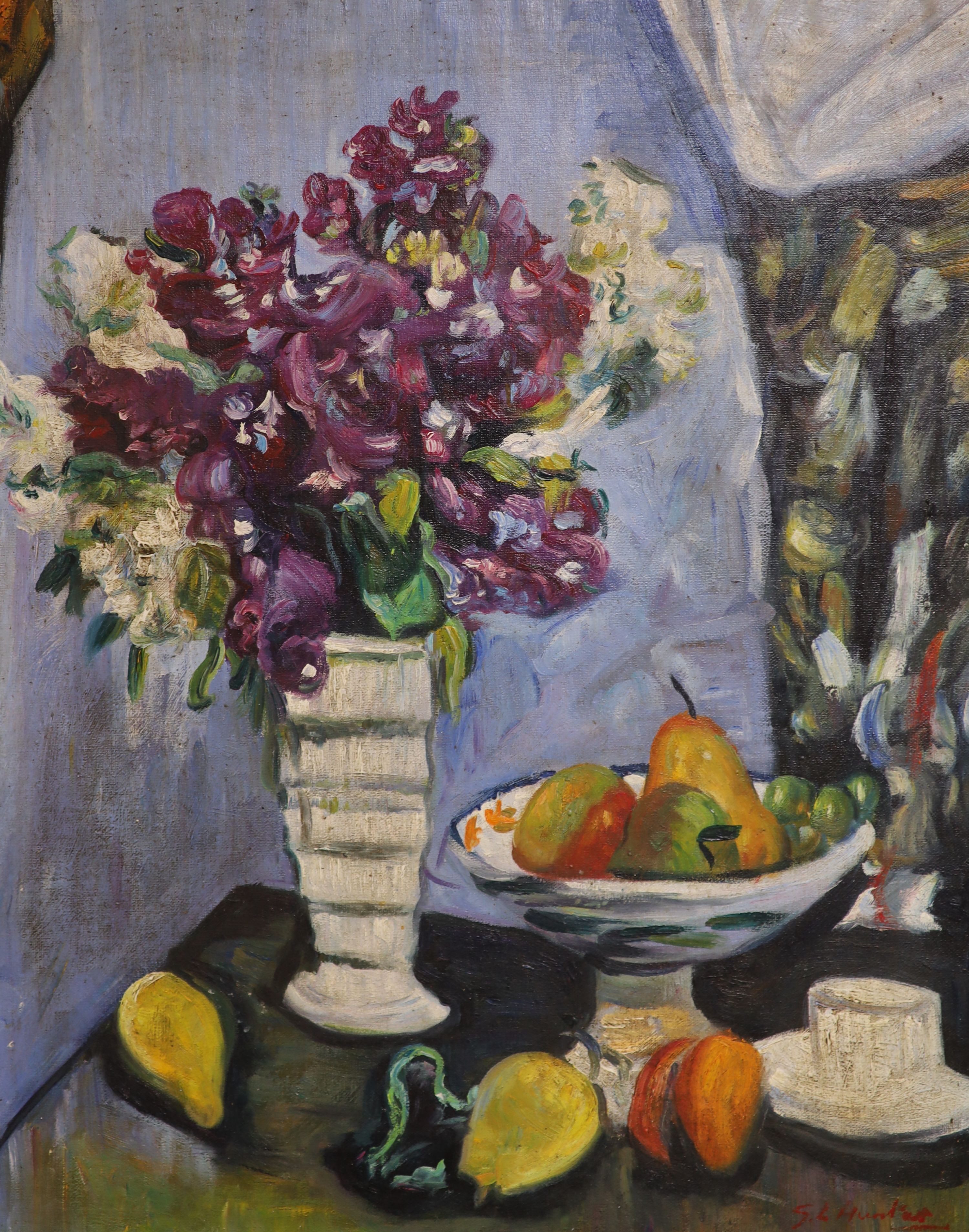 After George Leslie Hunter, oil on board still life of flowers and fruit on the table top, bears signature, 50 x 40 cm.
